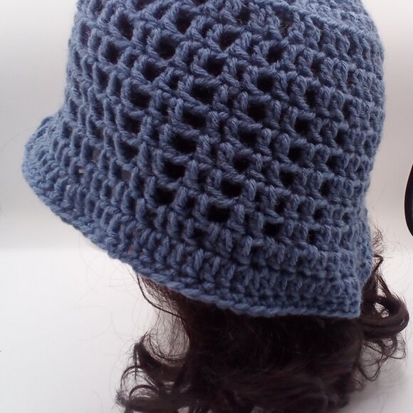 Handmade Unisex Crochet Boho Bucket Sun Hat in Color Denim Blue - Picture 2 of 4